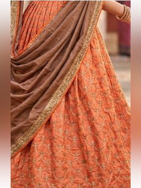 Orange Embroidered Lehenga Set with Brown Dupatta
